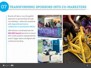 9
OMNICHANNEL COMMUNICATIONS
Brands will holistically consider all the ways they interact with their audiences — from an event to a
website to social media — providing a seamless experience across all channels.
At Intuit’s 2016 QuickBooks Connect, NFC integration provided attendees with one central hub
where they could access information before, during and after the event.
06
 