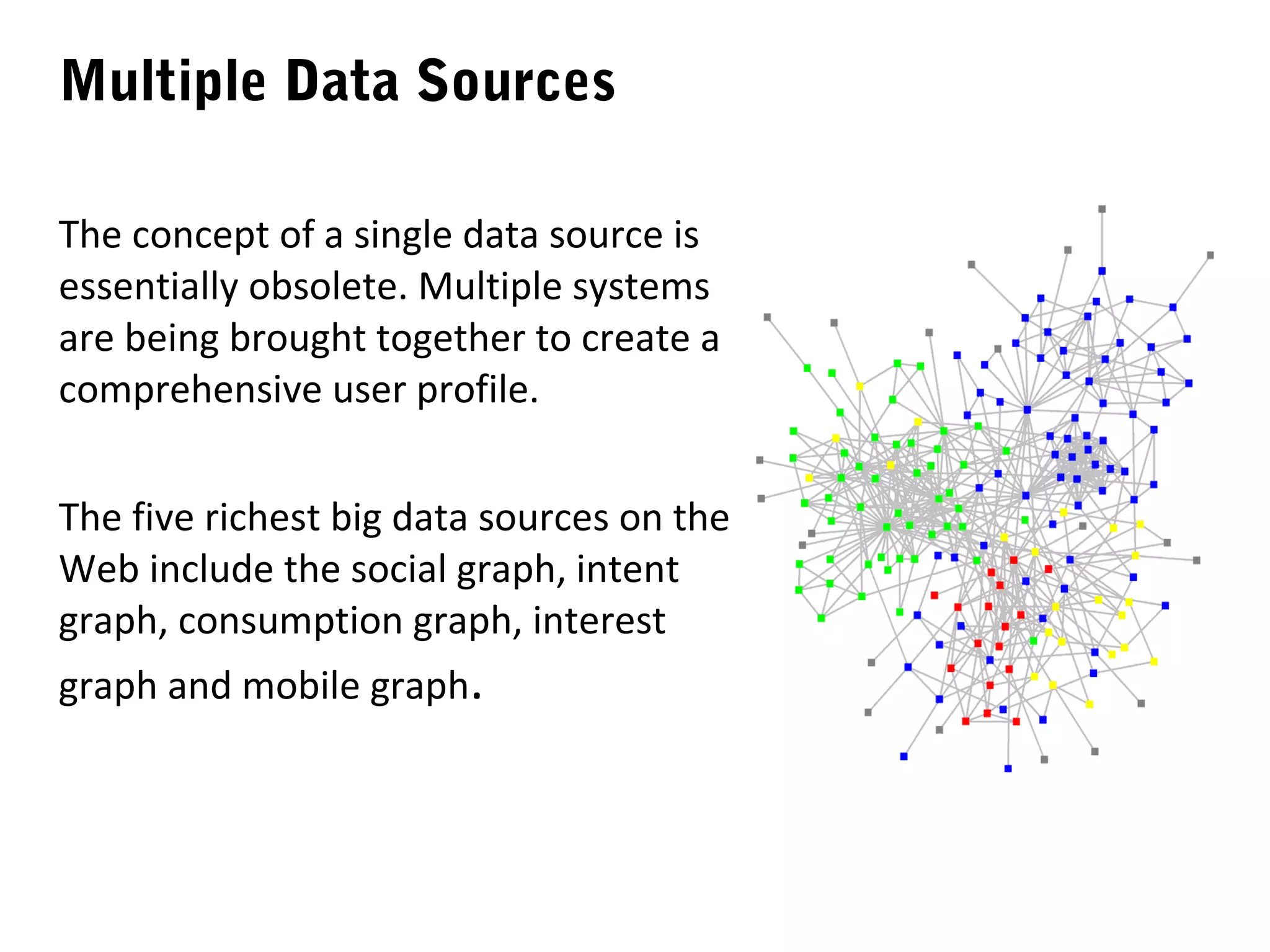 Multiple Data Sources

The concept of a single data source is
essentially obsolete. Multiple systems
are being brought together to create a
comprehensive user profile.


The five richest big data sources on the
Web include the social graph, intent
graph, consumption graph, interest
graph and mobile graph.
 