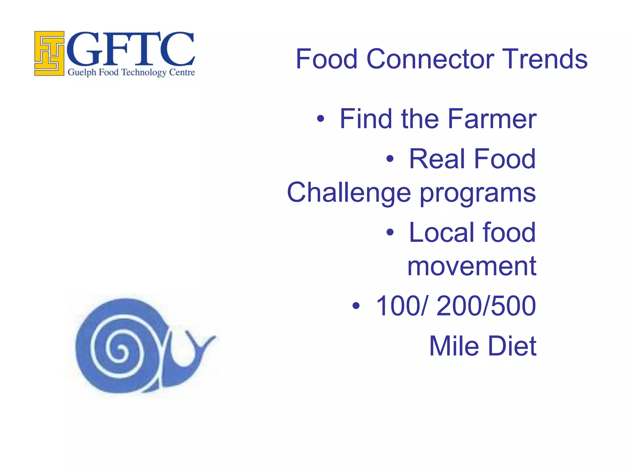 Food Connector Trends

  • Find the Farmer
        • Real Food
Challenge programs
        • Local food
          movement
     • 100/ 200/500
           Mile Diet
 