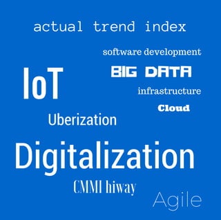 IoT
Uberization
Digitalization
CMMI hiway
Agile
Cloud
BIG DATA
actualtrendindex
software development
infrastructure
 
