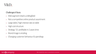 V&D.
Challengesitfaces
› Mid-segmentretailisakillingfield
› Notacompetitiveonlineproductassortment
› Largedebt/highinterestrateondebt
› Highcoststructure
› Strategy‘15:profitablein2yearstime
› Brandimageiseroding
› Changingcustomerbehaviour&spendings
 