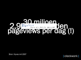 2,9 miljoen leden 30 miljoen  pageviews per dag (!) Bron: Hyves mrt 2007  