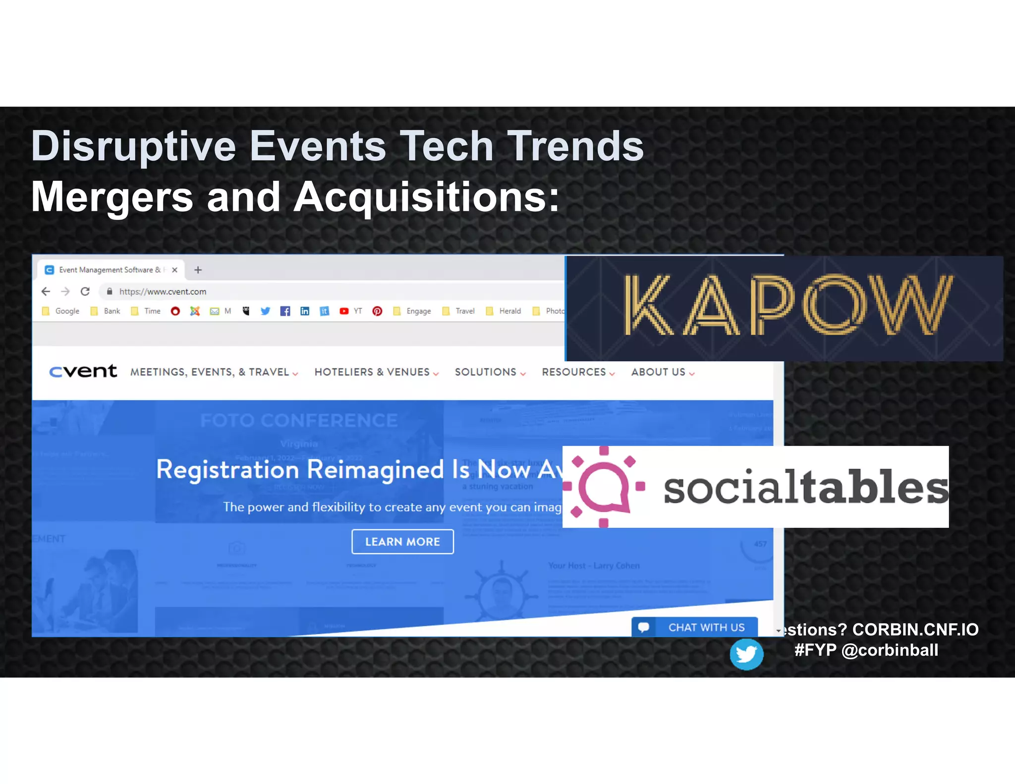 Questions? CORBIN.CNF.IO
#FYP @corbinball
Disruptive Events Tech Trends
Mergers and Acquisitions:
 
