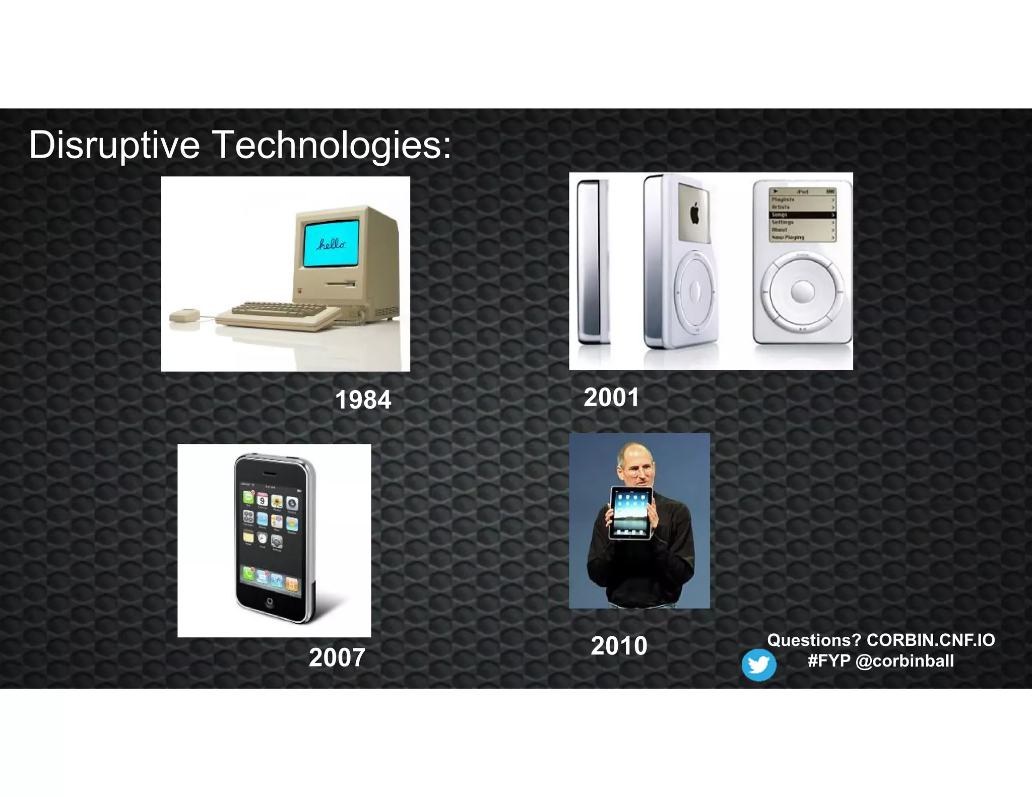 1984 2001
2007 2010
Disruptive Technologies:
Questions? CORBIN.CNF.IO
#FYP @corbinball
 