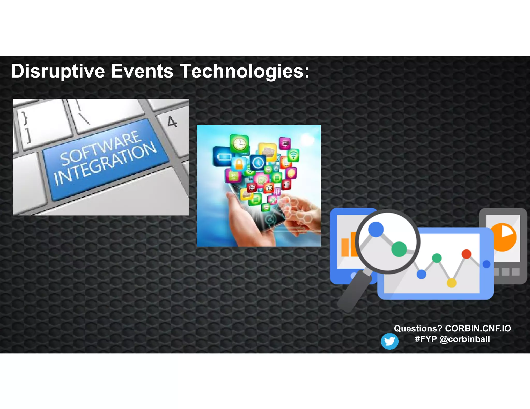 Disruptive Events Technologies:
Questions? CORBIN.CNF.IO
#FYP @corbinball
 