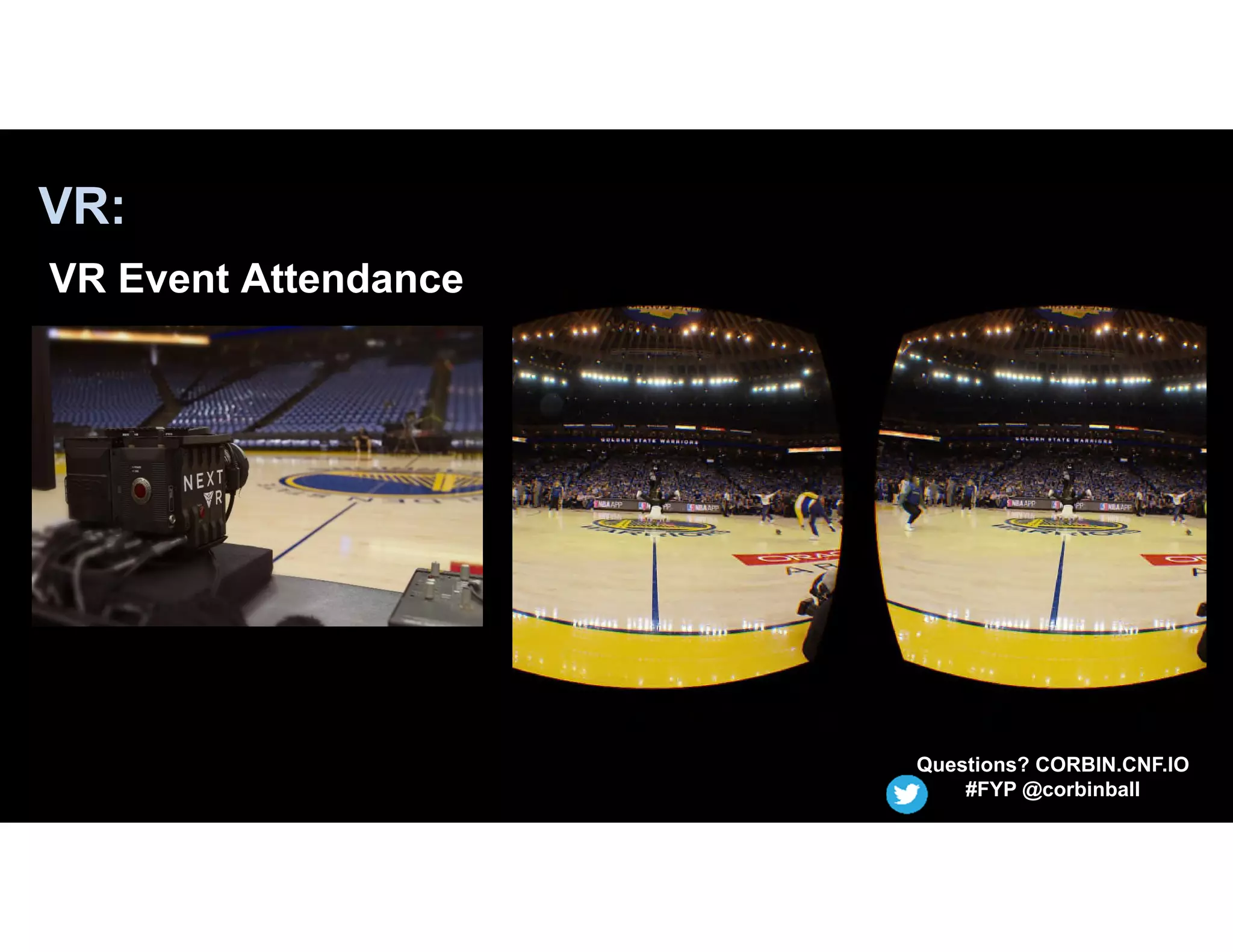VR:
VR Event Attendance
Questions? CORBIN.CNF.IO
#FYP @corbinball
 