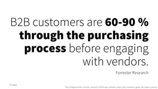B2B customers are 60-90 %
through the purchasing
process before engaging
with vendors.
Forrester Research
© Creuna
http://blogs.forrester.com/lori_wizdo/12-10-04-buyer_behavior_helps_b2b_marketers_guide_the_buyers_journey
 