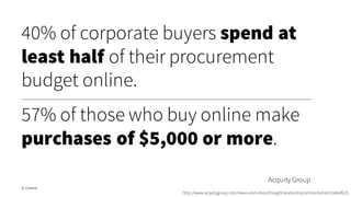 40% of corporate buyers spend at
least half of their procurement
budget online.
© Creuna
http://www.acquitygroup.com/news-and-ideas/thought-leadership/article/detail/stateofb2b
57% of those who buy online make
purchases of $5,000 or more.
Acquity Group
 