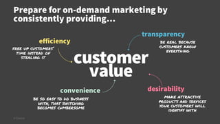 Prepare for on-demand marketing by
consistently providing…
© Creuna
customer
value
transparency
desirability
efficiency
convenience
be real because
customers know
everything
make attractive
products and services
your customers will
identify with
be so easy to do business
with, that switching
becomes cumbersome
free up customers’
time instead of
stealing it
 
