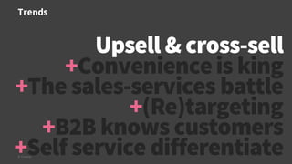 Trends
© Creuna
Upsell & cross-sell
+Convenienceis king
+The sales-services battle
+(Re)targeting
+B2B knows customers
+Self service differentiate
 