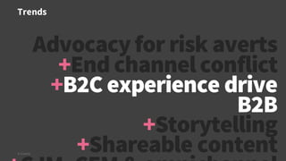 Trends
© Creuna
Advocacyfor risk averts
+End channel conflict
+B2C experience drive
B2B
+Storytelling
+Shareable content
 