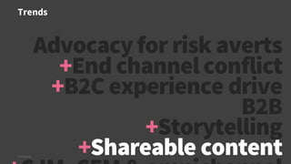 Trends
© Creuna
Advocacyfor risk averts
+End channel conflict
+B2C experience drive
B2B
+Storytelling
+Shareable content
 