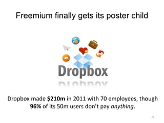 Freemium finally gets its poster child




Dropbox made $210m in 2011 with 70 employees, though
       96% of its 50m users don’t pay anything.
                                                 27
 