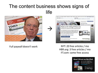 The content business shows signs of
                life


                            


Full paywall doesn’t work        NYT: 20 free articles / mo
                                HBR.org: 3 free articles / mo
                                 FT.com: some free access




                                                            33
 