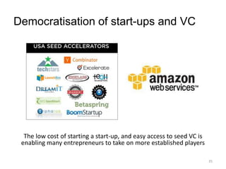 Democratisation of start-ups and VC




  The low cost of starting a start-up, and easy access to seed VC is
 enabling many entrepreneurs to take on more established players

                                                                       35
 
