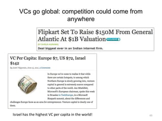 VCs go global: competition could come from
                     anywhere




Israel has the highest VC per capita in the world!   43
 