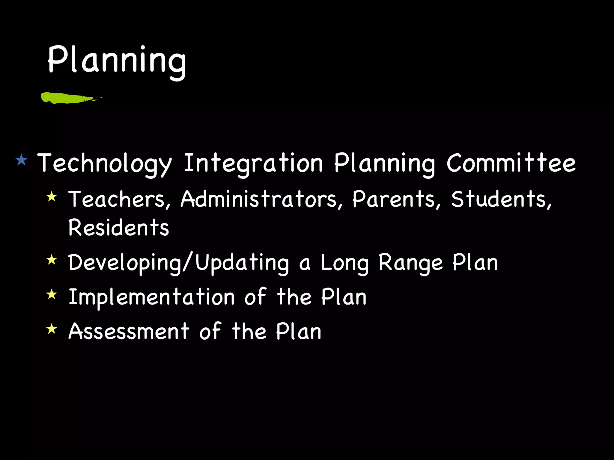 Planning Technology Integration Planning Committee Teachers, Administrators, Parents, Students, Residents Developing/Updating a Long Range Plan Implementation of the Plan Assessment of the Plan 