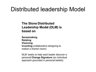Distributed leadership Model The Slone Distributed Leadership Model (DLM) is based on Sensemaking   Relating   Visioning   Inventing  (collaborative designing to realize a shared vision)  DLM ‘seeks to help each leader discover a personal  Change Signature  (an individual approach grounded in personal beliefs) 