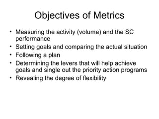 • Measuring the activity (volume) and the SC
performance
• Setting goals and comparing the actual situation
• Following a plan
• Determining the levers that will help achieve
goals and single out the priority action programs
• Revealing the degree of flexibility
Objectives of Metrics
 