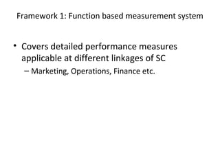 • Covers detailed performance measures
applicable at different linkages of SC
– Marketing, Operations, Finance etc.
Framework 1: Function based measurement system
 