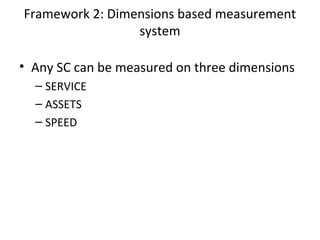 • Any SC can be measured on three dimensions
– SERVICE
– ASSETS
– SPEED
Framework 2: Dimensions based measurement
system
 