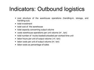 • cost structure of the warehouse operations (handling-in, storage, and
handling-out)
• total investment
• total cost of the warehouse
• total capacity concerning output volume
• costs warehouse operations per unit volume (m3
, ton)
• total number of trucks loaded/unloaded per worked time unit
• labor hours per unit of output volume ( m3
, ton)
• labor costs per unit of output volume (m3
, ton)
• labor costs as percentage of sales
Indicators: Outbound logistics
 