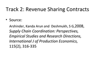 • Source:
Arshinder, Kanda Arun and Deshmukh, S G,2008,
Supply Chain Coordination: Perspectives,
Empirical Studies and Research Directions,
International J of Production Economics,
115(2), 316-335
Track 2: Revenue Sharing Contracts
 