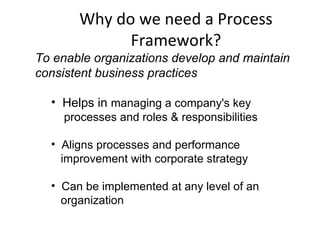 Why do we need a Process
Framework?
To enable organizations develop and maintain
consistent business practices
• Helps in managing a company's key
processes and roles & responsibilities
• Aligns processes and performance
improvement with corporate strategy
• Can be implemented at any level of an
organization
 