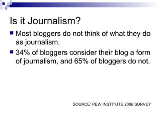 Is it Journalism? Most bloggers do not think of what they do as journalism. 34% of bloggers consider their blog a form of journalism, and 65% of bloggers do not. SOURCE: PEW INSTITUTE 2006 SURVEY 