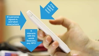 It’s personal,
signed-in,
and taken
everywhere
It has
natural
m
ulti-
touch
It
interacts
with the
world
(beacons,
pay, NFC)
 