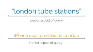 explicit aspect of query
implicit aspect of query
iPhone user, on street in London
“london tube stations”
 