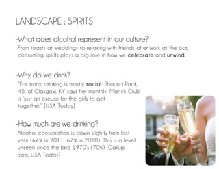 LANDSCAPE : SPIRITS
-What does alcohol represent in our culture?
From toasts at weddings to relaxing with friends after work at the bar,
consuming spirits plays a big role in how we celebrate and unwind.


-Why do we drink?
“For many, drinking is mostly social: Shauna Pack,
45, of Glasgow, KY says her monthly ‘Martini Club’
is ‘just an excuse for the girls to get
together.’” [USA Today]


-How much are we drinking?
Alcohol consumption is down slightly from last
year (64% in 2011, 67% in 2010). This is a level
unseen since the late 1970’s (70%) [Gallup.
com, USA Today]
 