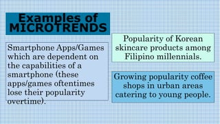 Smartphone Apps/Games
which are dependent on
the capabilities of a
smartphone (these
apps/games oftentimes
lose their popularity
overtime).
Examples of
MICROTRENDS
Popularity of Korean
skincare products among
Filipino millennials.
Growing popularity coffee
shops in urban areas
catering to young people.
 