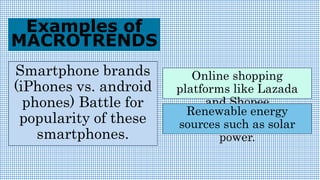 Smartphone brands
(iPhones vs. android
phones) Battle for
popularity of these
smartphones.
Examples of
MACROTRENDS
Online shopping
platforms like Lazada
and Shopee
Renewable energy
sources such as solar
power.
 