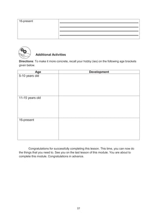 37
16-present
Additional Activities
Directions: To make it more concrete, recall your hobby (ies) on the following age brackets
given below.
Age Development
5-10 years old
11-15 years old
16-present
Congratulations for successfully completing this lesson. This time, you can now do
the things that you need to. See you on the last lesson of this module. You are about to
complete this module. Congratulations in advance.
 