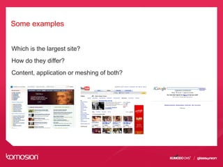 Some examples
Which is the largest site?
How do they differ?
Content, application or meshing of both?
 