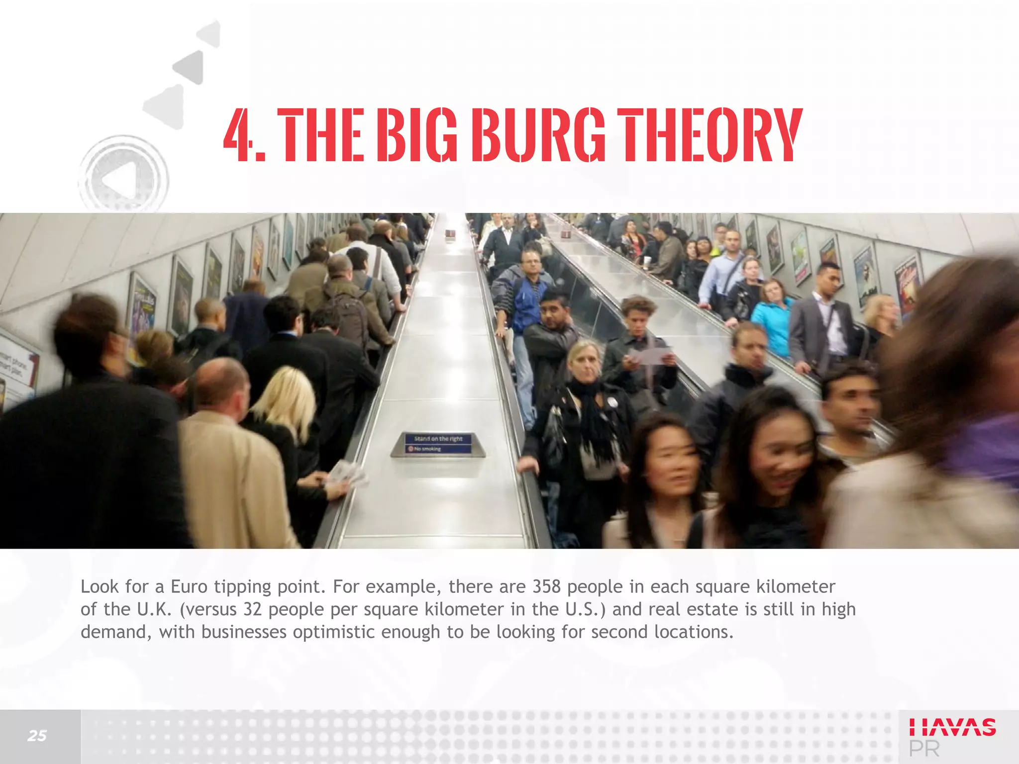 4. The Big Burg Theory

Look for a Euro tipping point. For example, there are 358 people in each square kilometer
of the U.K. (versus 32 people per square kilometer in the U.S.) and real estate is still in high
demand, with businesses optimistic enough to be looking for second locations.

25

 