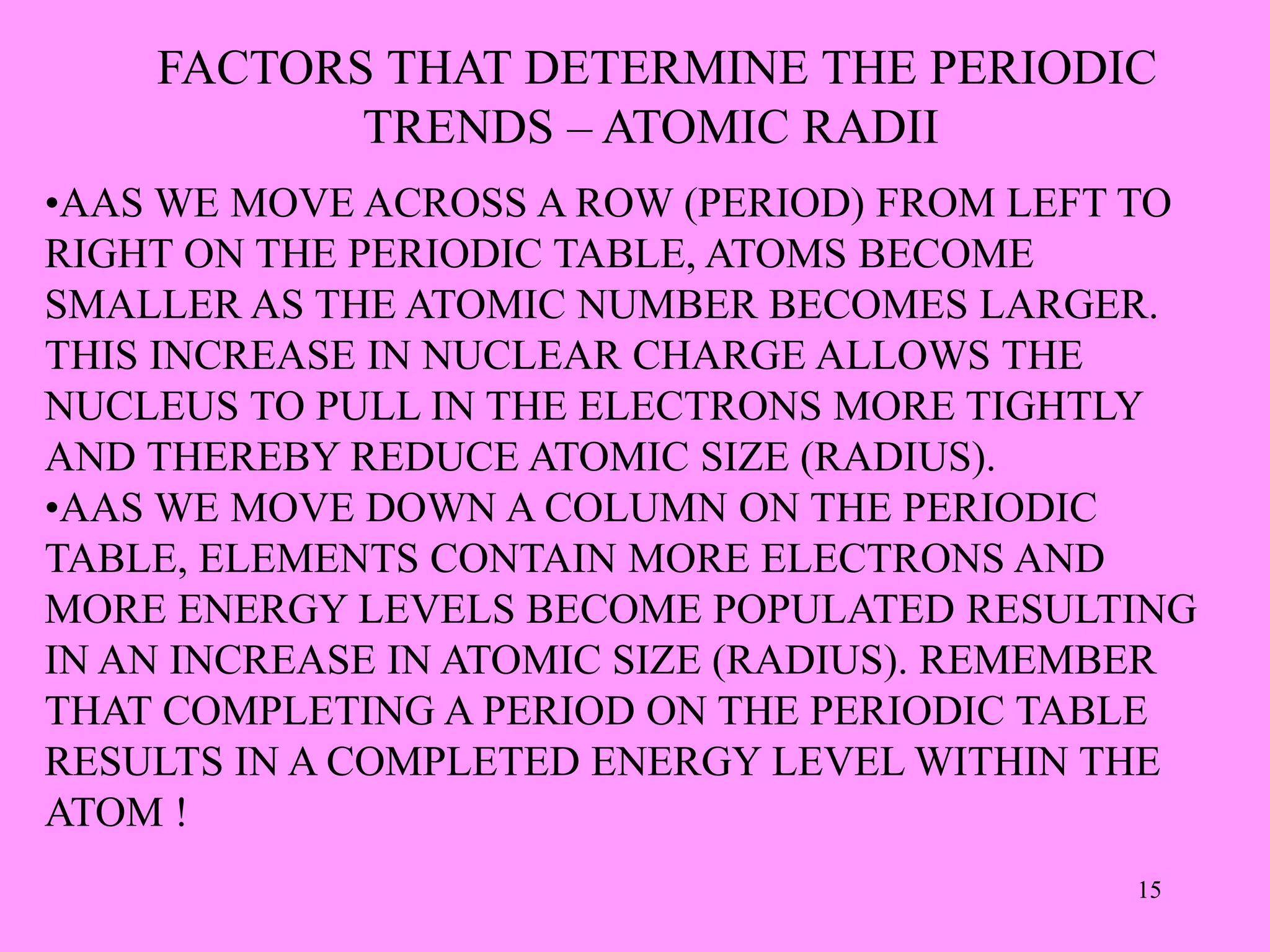 FACTORS THAT DETERMINE THE PERIODIC
TRENDS – ATOMIC RADII
•AAS WE MOVE ACROSS A ROW (PERIOD) FROM LEFT TO
RIGHT ON THE PERIODIC TABLE, ATOMS BECOME
SMALLER AS THE ATOMIC NUMBER BECOMES LARGER.
THIS INCREASE IN NUCLEAR CHARGE ALLOWS THE
NUCLEUS TO PULL IN THE ELECTRONS MORE TIGHTLY
AND THEREBY REDUCE ATOMIC SIZE (RADIUS).
•AAS WE MOVE DOWN A COLUMN ON THE PERIODIC
TABLE, ELEMENTS CONTAIN MORE ELECTRONS AND
MORE ENERGY LEVELS BECOME POPULATED RESULTING
IN AN INCREASE IN ATOMIC SIZE (RADIUS). REMEMBER
THAT COMPLETING A PERIOD ON THE PERIODIC TABLE
RESULTS IN A COMPLETED ENERGY LEVEL WITHIN THE
ATOM !
15
 