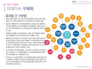 KGIT 2014 F Fall Semester | JYLEE
DESIGN TREND & ISSUE
http://info.jylee6977.com/tc
4. 미래 구체화
| 미래이슈 구체화
| 결과들 간 구분법
• 미래 수레바퀴에서 1차,2차,3차 파생 영향들의 상호 관계가 복잡
해질 경우 수레바퀴 형태가 아닌 다른 방법으로 연결하는 방법.
• 중앙의 주제에서부터 1차 파생 영향까지는 한줄 선으로 연결하고,
1차 파생 영향에서 2차 파생 영향으로 연결할 때는 두줄 선으로 그
리고 2차 파생 영향에서 3차 파생 영향으로 연결할 때는 세줄 선으
로 그림.
• 영향들의 관계를 교차 연결 형태로 그릴수 있고 영향들의 복잡한
상호 관계를 유기적으로 표현하여 쉽게 이해할 수 있음.
• 예를 들어 보면 NSA는‘소프트웨어 구입과 유지로 인한 비용과 의
존성이 증가하는 상황’인 중심 주제에서 1차 파생 영향으로 도출된
‘소프트웨어에 필요한 자금의 증가’가 있다. 하지만 이 파생 영향은
또 다른 1차 파생 영향인 ‘하청업자에 대한 의존성 증가’의 2차 파
생 영향이 될 수 있다는 것을 볼 수 있음.
• 또 다른 예로 1차 파생 영향인 ‘기반 부족’으로 일어난 2차 파생 영
향인 ‘비용 증가’가 1차파생 영향인 ‘소프트웨어에 필요한 자금의
증가’에 영향을 주는 관계를 확인 가능.
• 마지막으로 1차 파생 영향인 ‘소프트웨어에 필요한 자금의 증가’에
서 파생된 2차 영향으로 ‘다른 프로그램에 영향’과‘예산 제약’이 있
는데, 2차 파생 영향인 ‘다른 프로그램에 영향’이‘예산 제약’의 3차
파생 영향으로 연결 가능.
 