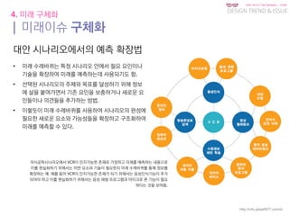 KGIT 2014 F Fall Semester | JYLEE
DESIGN TREND & ISSUE
http://info.jylee6977.com/tc
4. 미래 구체화
| 미래이슈 구체화
대안 시나리오에서의 예측 확장법
• 미래 수레바퀴는 특정 시나리오 안에서 필요 요인이나
기술을 확장하여 미래를 예측하는데 사용되기도 함.
• 선택된 시나리오의 주제와 목표를 달성하기 위해 정보
에 살을 붙여가면서 기존 요인을 보충하거나 새로운 요
인들이나 의견들을 추가하는 방법.
• 이렇듯이 미래 수레바퀴를 사용하여 시나리오의 완성에
필요한 새로운 요소와 가능성들을 확장하고 구조화하여
미래를 예측할 수 있다.
의식공학시나리오에서 VCR이 인지가능한 존재로 가정하고 미래를 예측하는 내용으로
이를 현실화하기 위해서는 어떤 요소와 기술이 필요한지 미래 수레바퀴를 통해 정보를
확장하는 예. 예를 들어 VCR이 인지가능한 존재가 되기 위해서는 음성인식기능이 추가
되어야 하고 이를 현실화하기 위해서는 음성 재생 프로그램과 마이크로 폰 기능이 필요
하다는 것을 보여줌.
 