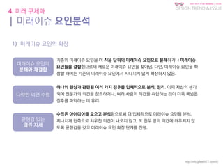 KGIT 2014 F Fall Semester | JYLEE
DESIGN TREND & ISSUE
http://info.jylee6977.com/tc
4. 미래 구체화
| 미래이슈 요인분석
1) 미래이슈 요인의 확장
기존의 미래이슈 요인을 더 작은 단위의 미래이슈 요인으로 분해하거나 미래이슈
요인들을 결합함으로써 새로운 미래이슈 요인을 찾아냄. 다만, 미래이슈 요인을 확
장할 때에는 기존의 미래이슈 요인에서 지나치게 넓게 확장하지 않음.
하나의 현상과 관련된 여러 가지 징후를 입체적으로 분석, 정리. 이때 자신의 생각
외에 전문가의 의견을 참조하거나, 여러 사람의 의견을 취합하는 것이 더욱 폭넓은
징후를 파악하는 데 유리.
수많은 아이디어를 모으고 분석함으로써 더 입체적으로 미래이슈 요인을 분석.
지나치게 한쪽으로 치우친 의견이 나오지 않고, 또 한두 명의 의견에 좌우되지 않
도록 균형감을 갖고 미래이슈 요인 확장 단계를 진행.
미래이슈 요인의
분해와 재결합
다양한 의견 수렴
균형감 있는
열린 자세
 