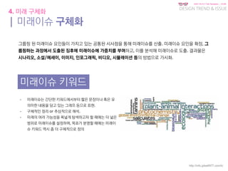 KGIT 2014 F Fall Semester | JYLEE
DESIGN TREND & ISSUE
http://info.jylee6977.com/tc
4. 미래 구체화
| 미래이슈 구체화
그룹핑 된 미래이슈 요인들이 가지고 있는 공통된 시사점을 통해 미래이슈를 산출. 미래이슈 요인을 확장, 그
룹핑하는 과정에서 도출된 징후에 미래이슈에 가중치를 부여하고, 이를 분석해 미래이슈로 도출. 결과물은
시나리오, 소설/에세이, 이미지, 인포그래픽, 비디오, 시뮬레이션 등의 방법으로 가시화.
미래이슈 키워드
- 미래이슈는 간단한 키워드에서부터 짧은 문장이나 혹은 유
의미한 내용을 담고 있는 그래프 등으로 표현.
- 구체적인 정리 or 추상적으로 해석.
- 미래의 여러 가능성을 폭넓게 탐색하고자 할 때에는 더 넓은
범위로 미래이슈를 설정하며, 목표가 분명할 때에는 미래이
슈 키워드 역시 좀 더 구체적으로 정의
 