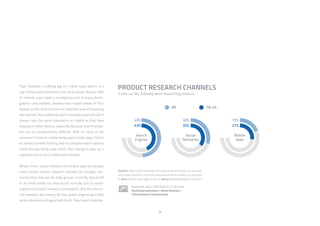 39
PRODUCT RESEARCH CHANNELS
% who use the following when researching products
Question: Which of the following online sources do you mainly use when you
are actively looking for more information about brands, products, or services?
/// Base: Internet Users aged 16-64 /// Source: GlobalWebIndex Q2-Q3 2015
Explore this data in PRO Platform /// Click here:
Marketing Implications > Brand Discovery >
Online Research Channels Used
That Facebook is betting big on mobile voice search is a
sign of how search behaviors are set to evolve. Already, 80%
of internet users have a smartphone and, in many demo-
graphics and markets, mobiles have moved ahead of PCs/
laptops as the most common or important way of accessing
the internet. But traditional search providers and tools don’t
always have the same dominance on mobile as they have
enjoyed on other devices, especially because search behav-
iors are so fundamentally different. With so much of the
consumer’s time on mobile being spent inside apps, there’s
an obvious benefit to being able to complete search actions
inside the app being used rather than having to open up a
separate one or use a mobile web browser.
What’s more, social networks and mobile apps are already
more natural product research channels for younger con-
sumers than they are for older groups. Currently, about half
of all online adults say they would normally turn to search
engines for product research, compared to 30% who cite so-
cial networks. But among 16-24s, search engines dip a little
while networks (and apps) both climb. They haven’t overtak-
 