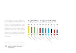67
In contrast, Facebookers are rather less engaged (a direct
result of Facebook having the broadest age profile in terms
of its user base). But as it also has the biggest global audi-
ence, even a relatively small percentage could still translate
to it having the largest number of potential social commerce
engagers. What’s more, with 2015 seeing Instagram, Twit-
ter, Facebook and others all experimenting with social com-
merce options, it’s clear that 2016 is the year where we’ll
see far more emphasis being placed on converting potential
into reality. With names like WeChat and LINE having pushed
social commerce into the mainstream in many parts of Asia,
the battle to achieve the same in other world regions will be
contested fiercely.
Question: When shopping online, which of the following things are most like-
ly to increase your likelihood of buying a product? /// Base: Active Users of
these platforms aged 16-64, exc. China /// Source: GlobalWebIndex Q2 2015
Explore this data in PRO Platform /// Click here: Marketing
Implications > Brand Activation > Motivation to Drive
Purchase Consideration
THE POTENTIAL OF SOCIAL COMMERCE
% who say a ‘buy button’ on a social network would motivate them to purchase
 