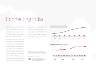 74
Connecting India
India’s 1.25 billion strong population is
relatively young, increasingly brand-hun-
gry and, most importantly, largely uncon-
nected to the internet. Of the 34 countries
tracked by GWI, it has one of the very low-
est internet penetration rates, with the
figure still stuck below the 20% mark.
Inevitably, this vast swathe of unconnect-
ed individuals is gathering considerable
interest – not least from Mark Zuckerberg.
India is already a major market for the ser-
vice, with over 9 in 10 internet users hav-
ing an account. But with Facebook pene-
tration having reached saturation point in
most mature markets, countries like India
are now a top target for a network which
needs to keep reporting quarter-on-quar-
ter increases in user numbers. While there
are few individuals left to convert into new
users in places like the USA, a market like
India offers tens, if not hundreds, of mil-
lions of potential new Facebookers in the
years ahead. Indeed, if digital patterns re-
main on their current trajectory, the vast
majority of new internet users in India are
set to join Facebook. Little wonder that
Mark Zuckerberg went to the trouble of
visiting the country himself, then.
INDIAN INTERNET PENETRATION
% adults aged 16-64 who use the internet
INDIAN MOBILE INTERNET ACCESS
% of internet users accessing via mobile
Question: In the past month, from which of the fol-
lowing devices have you accessed the internet ei-
ther through a web browser or an application? ///
Base: Indian Internet Users Aged 16-64 /// Source:
GlobalWebIndex Q2 2012 - Q3 2015
Explore this data in PRO Platform ///
Click here: Internet Landscape > Access
Points > Internet Device Access
 