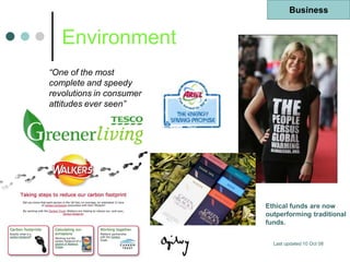Business


   Environment
“One of the most
complete and speedy
revolutions in consumer
attitudes ever seen”




                          Ethical funds are now
                          outperforming traditional
                          funds.


                            Last updated 10 Oct 08
 
