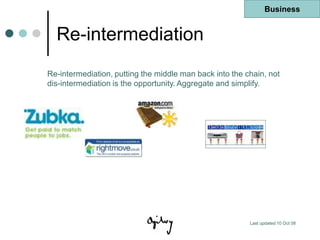 Business


  Re-intermediation
Re-intermediation, putting the middle man back into the chain, not
dis-intermediation is the opportunity. Aggregate and simplify.




                                                         Last updated 10 Oct 08
 