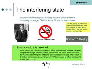 Economic


    The interfering state
         Low pension contribution. Middle Income binge drinkers.
          Housing shortage. Child obesity. Financial Institutions
                                                                     And it is going to get worse
                                                                     because interference is now
                                                                     officially OK. A price worth
                                                                     paying if they bail out banks,
                                                                     pension and savings.




   So what could this result in?
         More stealth like consumption taxes – petrol, prescriptions, alcohol, smoking,
          congestion charge, hospital parking, my wheelie bin. Does it make it easier
          for marketers to charge for additional personalisation services. The burden of
          the state is increasing (how many work in PS compared to a few years ago?)
          Public sector boom.

                                                                            Last updated 10 Oct 08
 