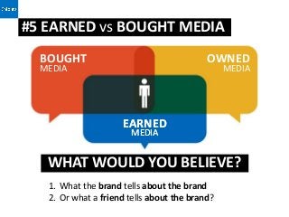 #5 EARNED vs BOUGHT MEDIA
  BOUGHT                                   OWNED
  MEDIA                                         MEDIA




                     EARNED
                        MEDIA


   WHAT WOULD YOU BELIEVE?
   1. What the brand tells about the brand
   2. Or what a friend tells about the brand?
 