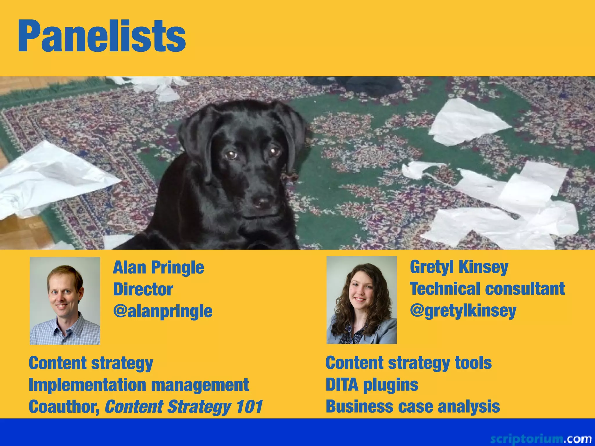 Panelists
Alan Pringle
Director
@alanpringle
Content strategy
Implementation management
Coauthor, Content Strategy 101
Gretyl Kinsey
Technical consultant
@gretylkinsey
Content strategy tools
DITA plugins
Business case analysis
 